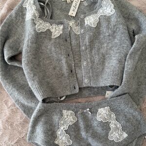 NWT- For Love And Lemons Gray 3 piece-Sweater Set with White Lace shorts.